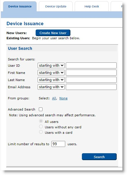 Device Issuance tab of CMS Operator portal with a Create New User button and a User Search section